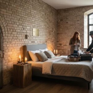 Hyggeligt tidligere fængselsværelse med kaffe